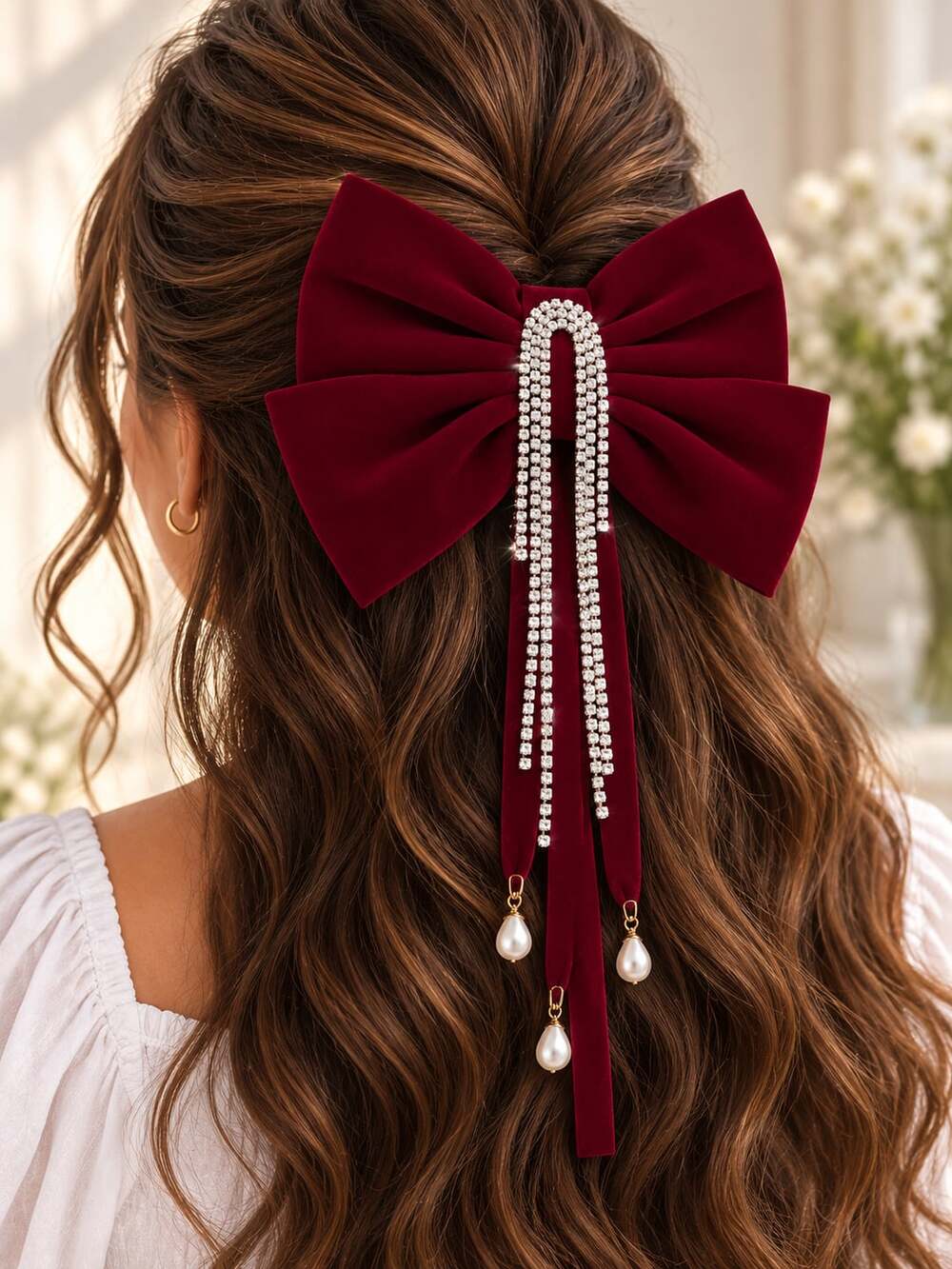 Burgundy Velvet Hair Bow Rhinestone Pearl Dangle Romantic Glam Hair Clip